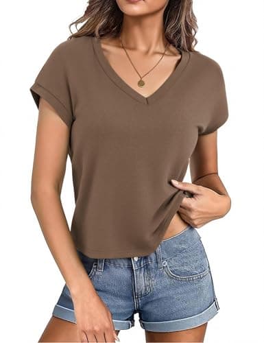 Totatuit Women Summer Short T Shirts Loose Fit Crop Tops for Teen Girls Juniors Cute Boxy Cropped Tee Classic V Neck Blouse Shirts 2026 Trendy Going Out Top Brown Large - Image 1
