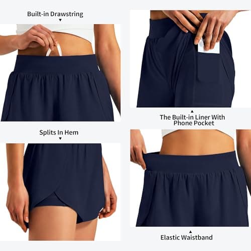 Ksmien Womens 3" Athletic Running Shorts - 2 in 1 Quick Dry Split Workout Gym Shorts with Liner Phone Pockets Navy Blue - Thumbnail 5