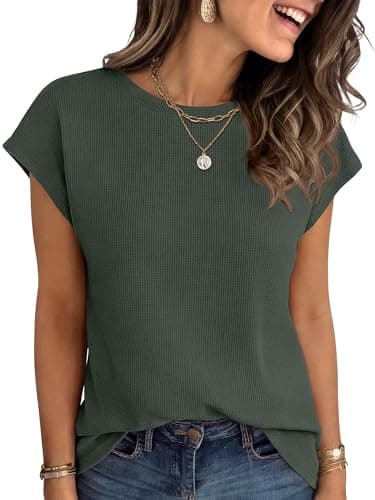 ANRABESS Womens Waffle Knit Cap Sleeve T Shirts Summer Casual Tops Basic Tee Work Blouses 2026 Spring Vacation Clothes Army Green Small - Image 1
