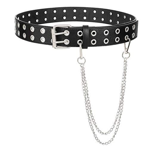 SANSTHS Women Double Grommet Studded Belts, Black Leather Belt for Women Men Punk belt with chains,S - Image 1