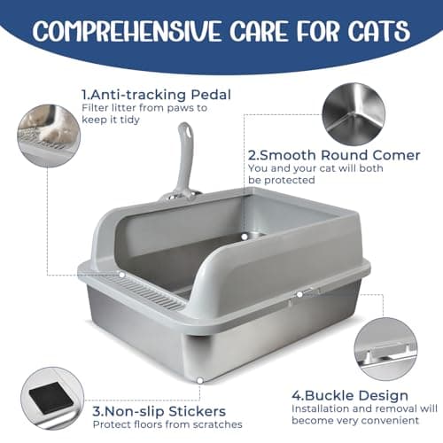 Stainless Steel Cat Litter Box with Lid, High Wall Kitty Litter Box for Small Cats, Metal Kitty Litter Box, Non-Sticky, Anti-Leakage, Easy Cleaning, Include Cat Mat and Scoop, 17.2"x13.2"x7.7" - Thumbnail 4