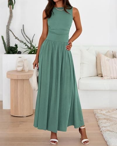 BTFBM Summer Maxi Dresses for Women 2026 Spring Sleeveless Casual Ruched High Waisted Long Sundress Flowy Beach Dress(Sage Green, Small) - Thumbnail 5
