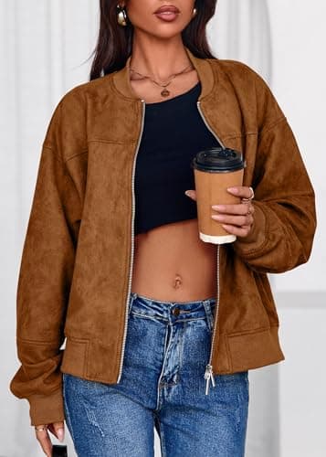 Lazysmile Women's Faux Suede Bomber Jackets Fall Fashion Outfits Winter Clothes Stand Collar Zip Up Coats Outwear with Pockets - Thumbnail 3