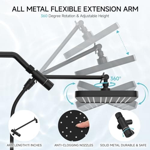 Rain Shower Head with Handheld Spray Combo Set, Adjustable 12" Rainfall Dual Shower Head, Double&Tandem Shower Head, Waterfall Showerhead Bathroom -Matte Black - Thumbnail 6