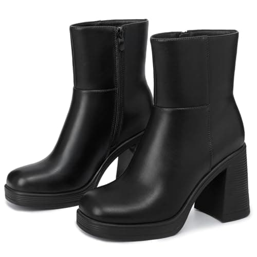 Athlefit Women's Platform Ankle Boots High Chunky Block Heel Black Boots Fashion Square Toe Zipper Heeled Booties Size 7.5 - Thumbnail 4