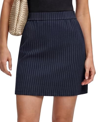 G4Free Work Skirt for Women High Elastic Waisted Short Skirts with Pockets Pinstriped Summer Dressy Business Office Outfits (Dark Navy Pinstripe,XL) - Image 1
