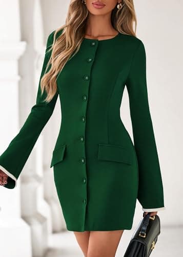 Lazysmile Women's Casual Dresses Long Sleeve Boat Neck Button Down Bodycon Mini Fall Party Club Cocktail Dresses for Women Dark Green - Thumbnail 5