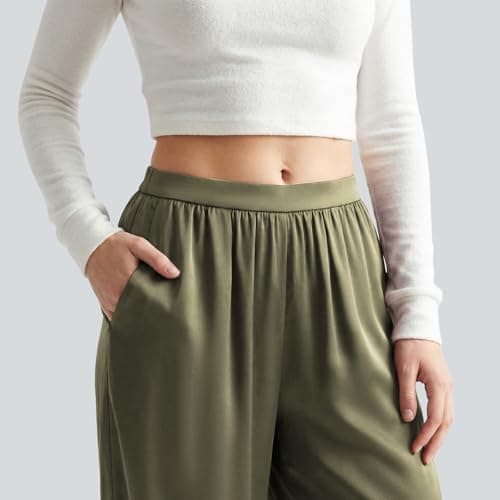 OctMoon Women’s Chiffon Palazzo Pants – Wide Leg Flowy Pants for Women, Lightweight Satin Yoga Pants, Summer Beach & Casual Lounge Pants(Light Green)-XXL - Thumbnail 2