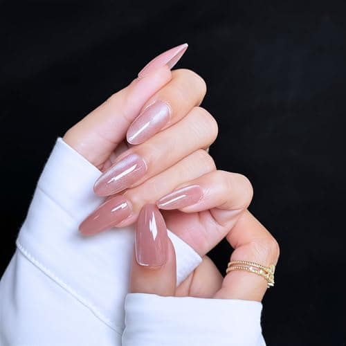 Nude Press On Nails Cat Eye - Almond Soft Gel Flexible Nails with Subtle Shimmer, Long-Lasting Chip-Free Reusable Manicure for Women DIY Nail Art, 24Pcs Nail Kit with Glue, Tabs, File, Prep Pad, Stick - Thumbnail 2