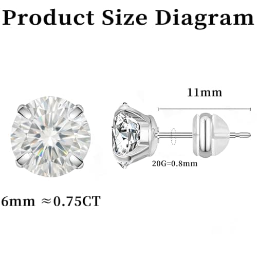 6mm Moissanite Stud Earrings in White Gold Plated Titanium | HypoAllergenic Earrings for Women & Men (Silver 6mm) - Thumbnail 4