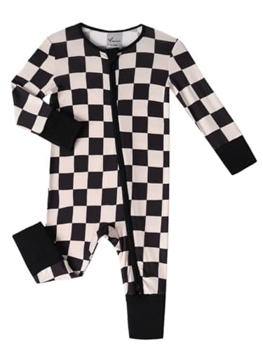 NewSeed Unisex Infant Neutral Zipped Footies, Viscose from Bamboo 2-Way Zipper Romper Outfit, 0-24 Months One-piece Jumpsuit (Chess Squares, 1-3M) - Image 1