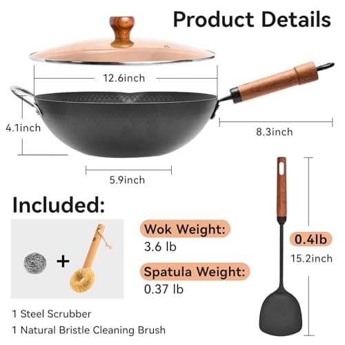 WANGYUANJI Flat Bottom Wok Pan, 12.6 Inch Carbon Steel Stir Fry Pan with Lid, Uncoated Heavy Duty Iron Woks for Cooking, Compatible with Induction Gas Electric Stovetops, Deep Frying Skillet Cookware - Thumbnail 2