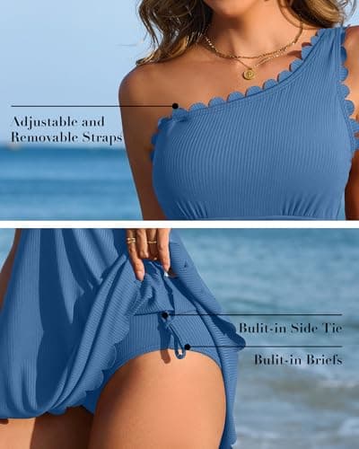 Charmo Swimsuit for Women Scalloped Bathing Suits with Built-in Briefs One Shoulder 1 Piece Swim Suits for Women 2026 Blue M - Thumbnail 4
