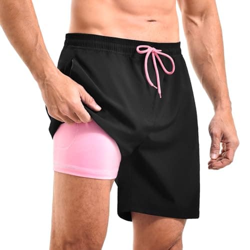 CADITEX Mens Swim Trunks 2 in 1 with Compression Liner 7 Inch with Pockets Board Shorts Black XL - Image 1