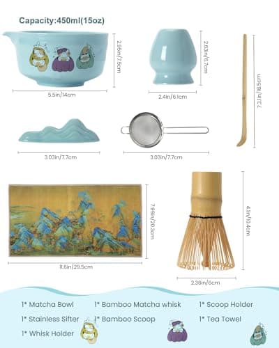 Matcha Whisk Set, 18OZ 7 Pcs Japanese Matcha Kit Includes Matcha Bowl with Spout, Bamboo Whisk, Chasen Holder, Stainless Sifter, Scoop and Rest, Tea Towel, Matcha Tea Set Home Kitchen Christmas - Thumbnail 2