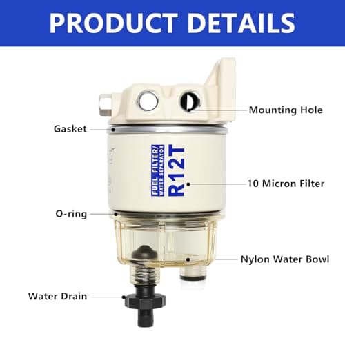 AUIVERED R12T Marine Fuel Water Separator Kit, 10 Micron Filter, Replace S3240 120AT, Fit 1/4 Inch NPT Outboard Motors for Gas & Diesel Engines Includes 2 fittings, 2 plugs - Thumbnail 2