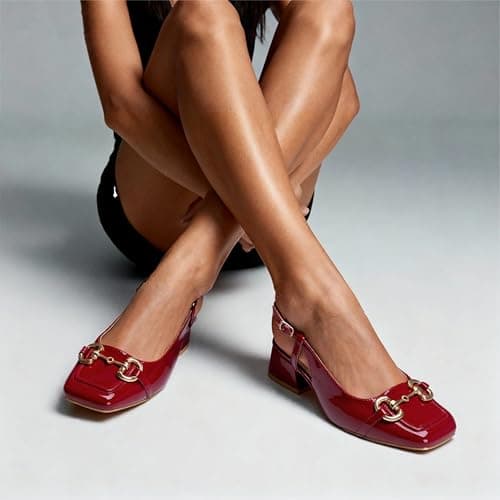 Red Slingback Mary Jane Heels for Women Square Toe Pump Shoes Low Block Chunky Heel Closed Toe Heels Classic Daily Office Dressy Church Shoes Size 10 - Thumbnail 2