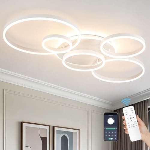 Modern LED Ceiling Light White Flush Mount Ceiling Light Dimmable Dining Room Light Fixtures with Remote 5 Rings Acrylic Kitchen Lighting Fixtures Ceiling Lamp for Living Room Bedroom (White, 5 Rings)