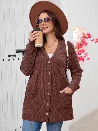 AusLook Plus Size Women Long Sleeve Cardigan Dark Coffe 3X Open Front Button Down Lightweight Casual Sweater Cover Ups Shrugs Shawls and Wraps Kimono Jacket Coat with Pockets - Thumbnail 3