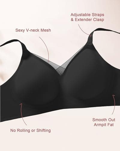ZEBELL Wireless Bras for Women No Underwire, 2XL, Plus Size V Lace Comfortable Bralette with Support, Full Coverage T-Shirt Bra - Thumbnail 6