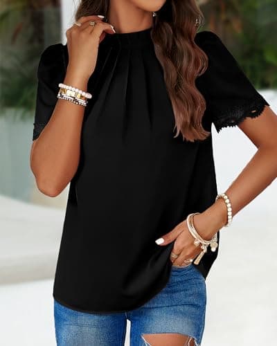 BTFBM Women's Dressy Casual Blouses Business Work Tops Lace Trim Short Sleeve Office Shirts 2025 Summer Spring Outfits(Black, Small) - Thumbnail 3
