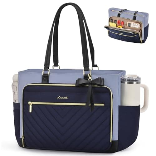 LOVEVOOK 17 Inch Tote Bag for Women, Work Bags Laptop Bag with Large Cup Holder, Quilted Nurse Bag Diaper Tote with Multi-Pockets, Large Computer Handbag Purse for Bussiness Travel