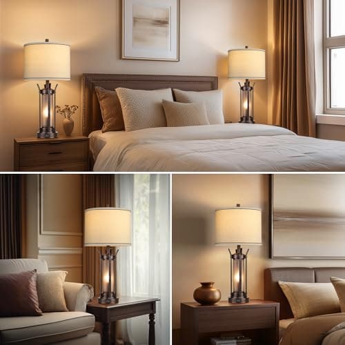 QiMH Farmhouse Table Lamps Set of 2 for Living Room, Beside Lamps for Bedroom with USB A+C Charging Ports, Rustic Nightstand Lamp with Frosted Glass Night Light, 4 Bulbs Included (Oil Rubbed Bronze) - Thumbnail 6