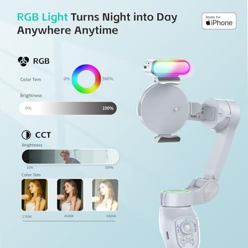 COMITOK Only for iPhone, MOGO [Apple MFi Certified] Gimbal Stabilizer for iPhone with Phone Clip & RGB Light, Support Selecting Tracking Target on Apple Watch & iOS26 Cameras for iPhone 16 15 Pro Max - Thumbnail 4