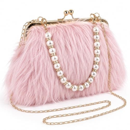 OONAISE Women Clutch Bag,Fluffy Feather Evening Handbag for Wedding Party Banquet Ball,Crossbody Bag (Pink) - Image 1