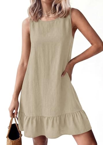 KIRUNDO Women's Casual Summer Dresses 2026 Spring Sleeveless Shift Tank Mini Dress Flowy Ruffle Hem Beach Vacation Sundress(Khaki, X-Large) - Thumbnail 5