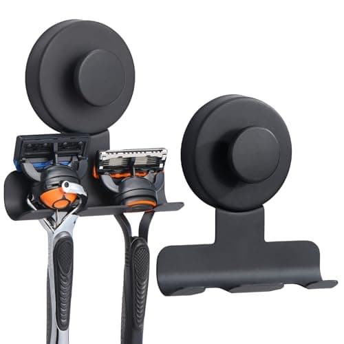 warlve No-Drill Suction Cup Razor and Shaver Holder, Stainless Steel Shower Hook for Towel & Loofah, Damage-Free Reusable Bathroom Wall Organizer 2 Pack Matte Black