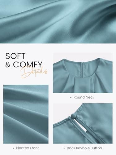 Funlingo Silk Tops for Women Summer Dressy Casual Satin Flowy Blouses Office Work Loose Cap Short Sleeve Shirts Business Casual Outfits Turquoise 2XL - Thumbnail 5