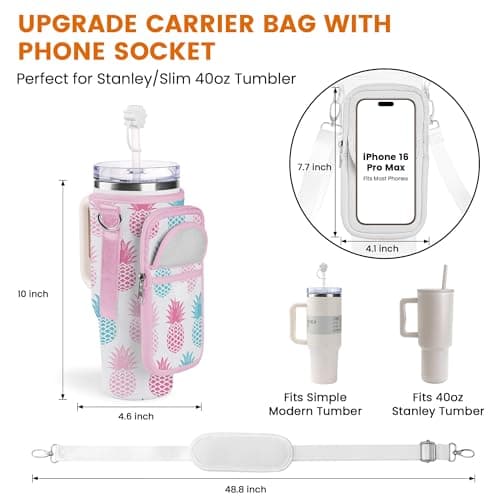 BOCMTR Water Bottle Holder with Strap for Stanley 30/40 oz Tumbler, Fashion Stanley Cup Bag with Big Phone Pocket, Silicone Boot, Straw Cover & Leak Proof Stoppers (Pineapple) - Thumbnail 3