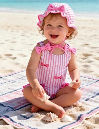 GEMLON Baby Swimsuit Girl Ruffled Color Block Stripe Bow Strap One Piece Bathing Suit with Hats 18-24 Month Swimsuit Girl - Thumbnail 2