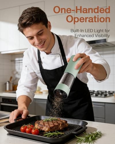 Electric Salt and Pepper Grinder Set–USB-C Rechargeable Charging Base Pepper Mill, Dual LED Light, Adjustable Coarseness,One-Handed Operation, Stainless Steel Sage Green Finish,2pack - Thumbnail 2