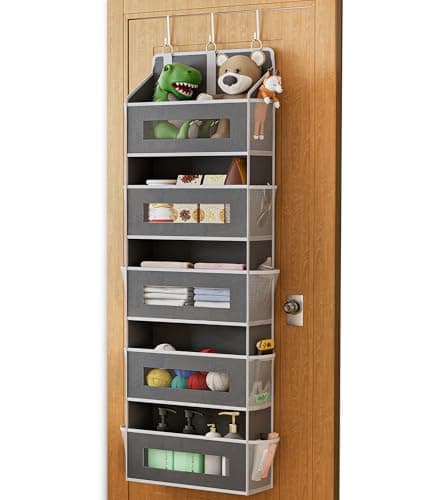 XyVoltic 5 Tier Over The Door Organizer - Large Capacity Behind Door Hanging Shelves with 10 Mesh Pockets and Clear Windows, Closet Organizers and Storage for Bathroom, Bedroom, Nursery, Grey - Image 1