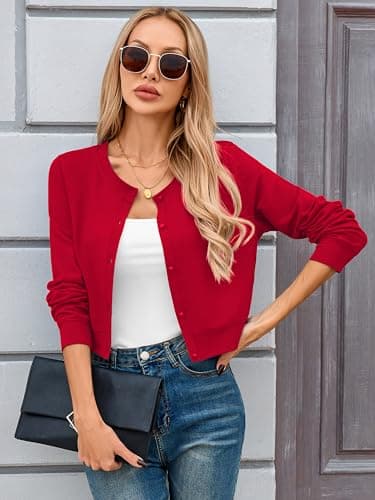 Heymoments Women Cropped Cardigan Bolero Shrug Red XX-Large Button Down Long Sleeve Crewneck Casual Business Ladies Open Front Knit Lightweight Coat Fall Tops Sweater for Dresses Jean - Thumbnail 4
