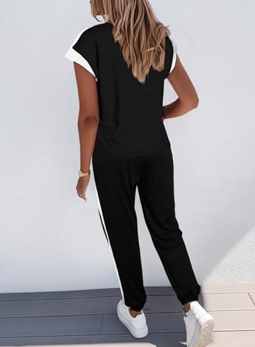Dokotoo Two Piece Sets for Women Summer Outfits Colorblock Short Sleeve Crewneck Jogger Lounge Sets Matching Pajamas Loungewear Women Clothing Fall Fashion Trendy - Thumbnail 3