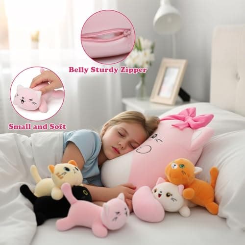Cat with 5 babies Stuffed Animals - 15 Inch Cats Mommy with Small Babies Plush Inside 6-Piece Cute Realistic Cat Plushies Machine Wash Interactive Adopt Toy Toddler Girls Boys 0-8 Kids Birthdays Gift - Thumbnail 4