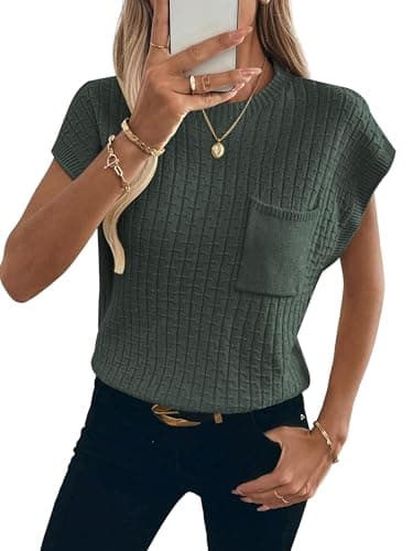RICHSTORY Womens Summer Tops Trendy 2026 Round Neck Cap Sleeve Sweaters Loose Fall Fashion Teacher Clothes Casual Short Sleeve Shirts Army Green X-Large - Image 1