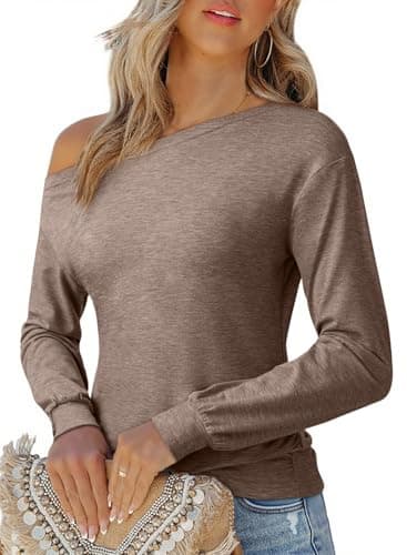 EVALESS T Shirts for Women Trendy Fashion 2025 Going Out Off Shoulder Tops Casual Long Sleeve Asymmetrical Boat Neck Spring Summer Fall Cute Clothing,Dark Khaki Medium - Image 1