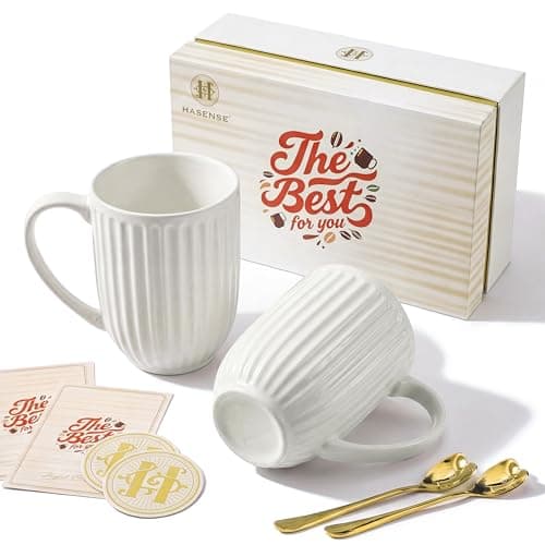HASENSE 20oz Large Ribbed Ceramic Coffee Mugs Set of 2, White Latte Tea Cups with Golden Spoon & Coaster, Microwave Safe Coffee Cup, Premium Gift Box for Birthday Anniversary Couple Gifts - Image 1