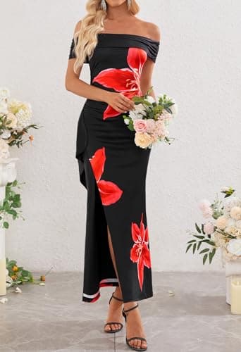 MEROKEETY Women's Floral Off Shoulder Maxi Dresses 2026 Summer High Split Cocktail Wedding Guest Dress, Black, X-Large - Thumbnail 2