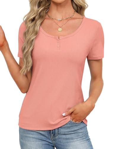 Womens Short Sleeve Shirts Stretchy Henley T Shirts Summer Tops 2026 Scoop Neck Casual Ribbed Knit Fitted Casual Basic Top T-Shirts Coral L - Thumbnail 4