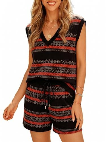 Dokotoo Summer Outfits for Women 2 Piece Sleeveless V Neck Tank Tops Western Striped Print Lounge Sets Casual Tie Waist Pockets Shorts Black Stripe Medium - Image 1