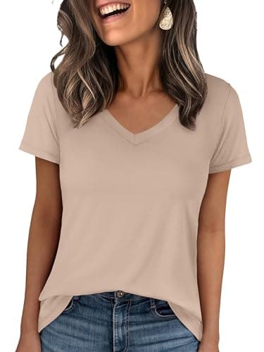 ANRABESS Womens Short Sleeve Tops Casual V Neck Wrinkle - Free Basic T Shirts Summer Cute Tee 2026 Spring Fashion Clothes Almond Large - Image 1