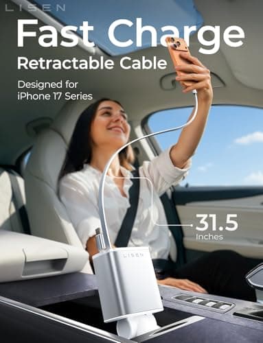LISEN Retractable Car Charger for iPhone, for iPhone 17 Pro Max 16 15 14 13 12 Plus Mini, Cute 4 in 1 Retractable USB C Car Charger Fast Chareg for Women Men, 84W Fast Charging Car Accessorie - Thumbnail 2