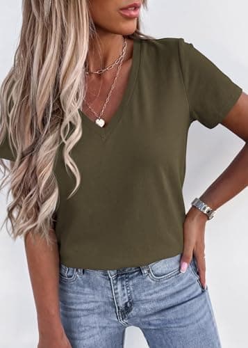 KIRUNDO V Neck T Shirts for Women Summer Tops Oversized Spring Short Sleeve Casual Basic Tees Tunic Blouse Fashion Clothing(Army Green, XX-Large) - Thumbnail 5