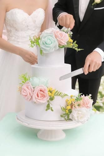 TINGE TIME 3Pcs Pre-made Cake Toppers，Silk Artificial Flowers Decor，Cake Decorations for Weddings, Birthdays, Party,Baby Shower,Celebration (Mint Green and Pink) - Thumbnail 5