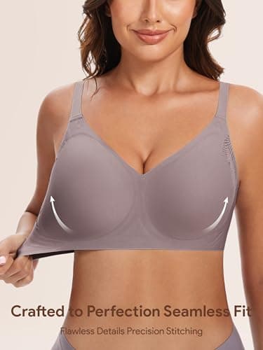 Angelhood Bra for Women No Underwire Seamless Full Coverage Bralettes Lace Edge Ultra Comfort Support T-Shirt Bra Push Up Coffee - Thumbnail 4